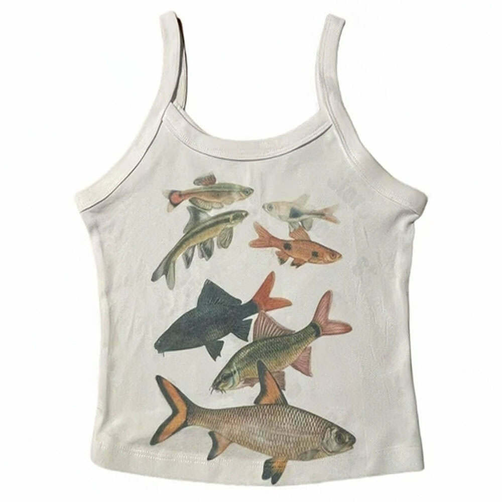 Edgy Y2K Fish Print Aesthetic Tank Top - 3D Body Print Design for Trendy Summer Style