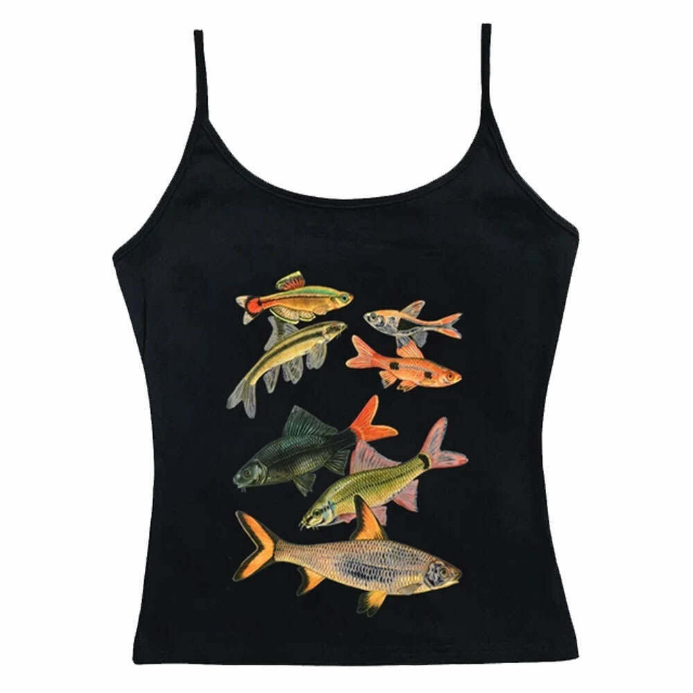 Edgy Y2K Fish Print Aesthetic Tank Top - 3D Body Print Design for Trendy Summer Style