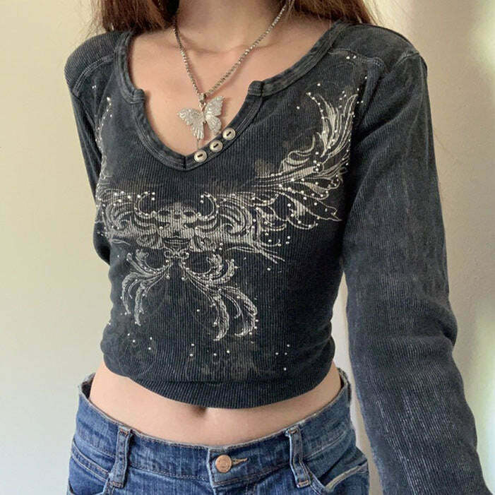 Fairy Grunge Aesthetic Crop Top with Bow Tie Detail - Y2K Denim Streetwear Essential