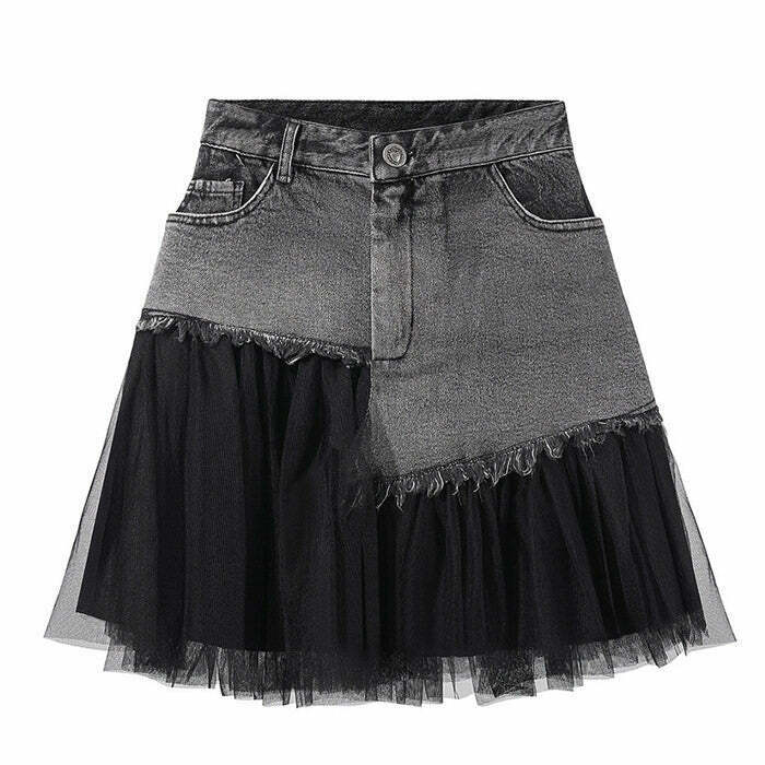 Fairy Grunge Asymmetric Denim Skirt - Trendy Y2K Drawstring Cargo Skirt in Grey