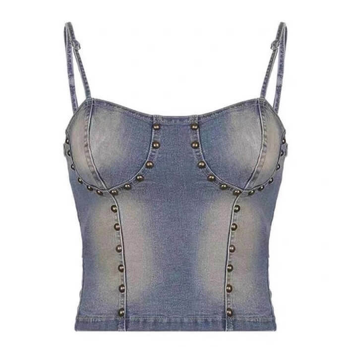 Fairy Grunge Denim Rivet Bow Tie Tube Top - Y2K Crop Top for Trendy Streetwear Style