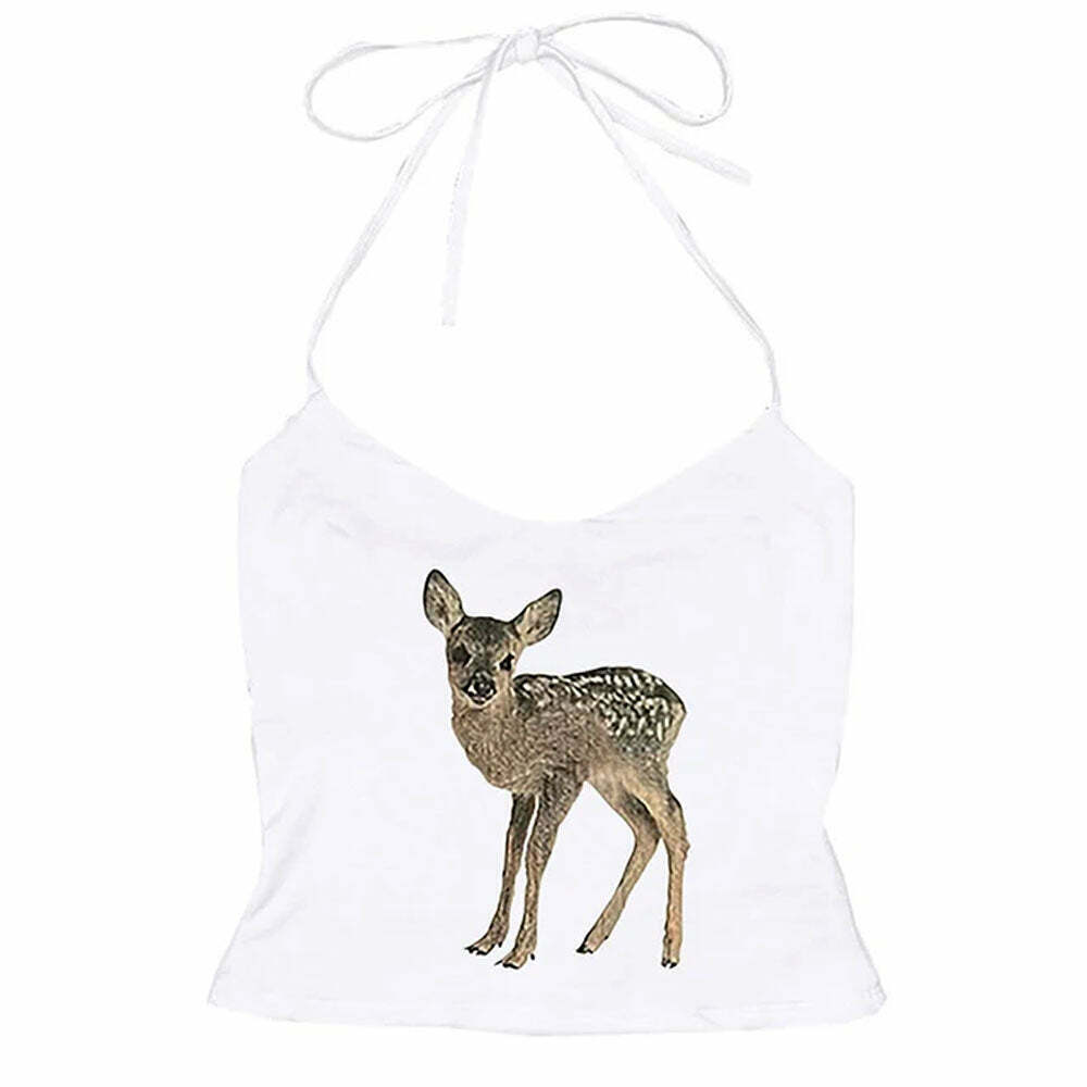 Fawn Print Y2K Halter Top with Bow Tie Detail - Trendy Crop Top for Stylish Outfits