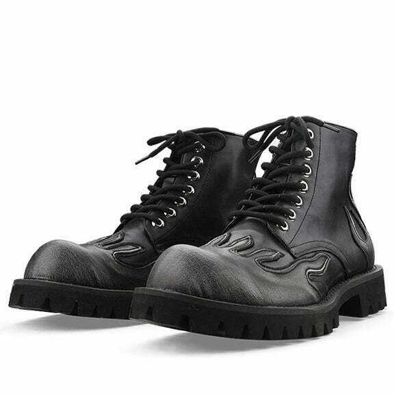 Feel The Burn Black and White Platform Combat Boots with Tabi Split Toe and Emo Style