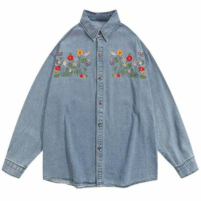 Floral Embroidery Vintage Denim Shirt - Trendy Y2K Aesthetic with Cute Design Elements