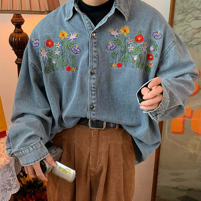 Floral Embroidery Vintage Denim Shirt - Trendy Y2K Aesthetic with Cute Design Elements