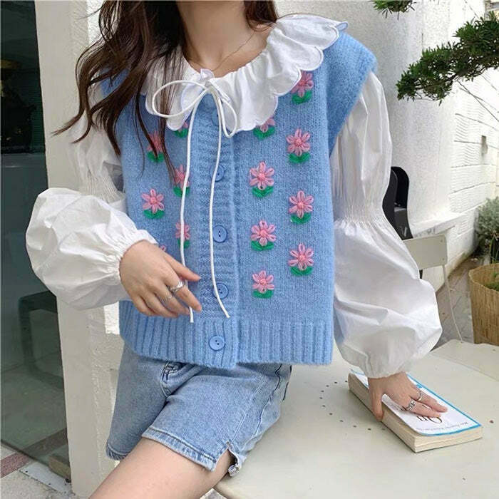 Flower Embroidery Blue Knit Vest - Aesthetic Floral Design with Lace-Up Detail for Y2K Style