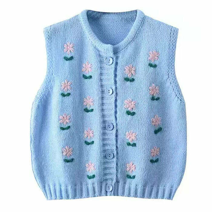 Flower Embroidery Blue Knit Vest - Aesthetic Floral Design with Lace-Up Detail for Y2K Style