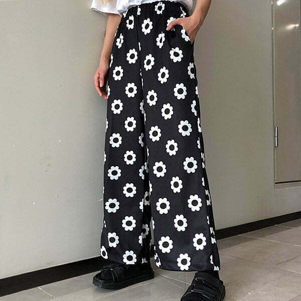 Flower Power Denim Pants with Sunflower Print - Trendy Y2K Style for Effortless Chic