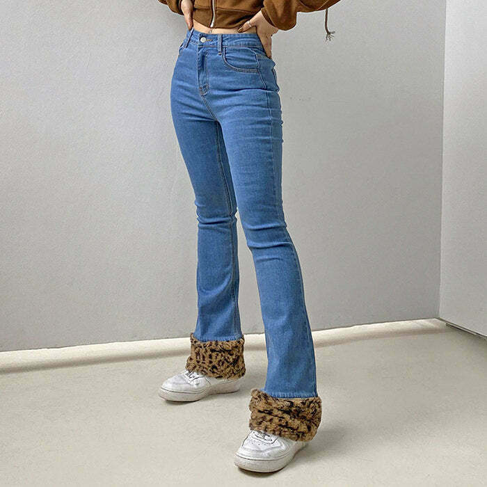 Fuzzy Leopard Trim Jeans for Trendy Y2K Style - Stylish Ripped & Baggy Fit Denim