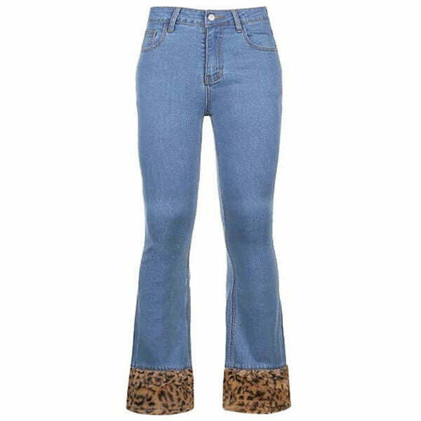 Fuzzy Leopard Trim Jeans for Trendy Y2K Style - Stylish Ripped & Baggy Fit Denim