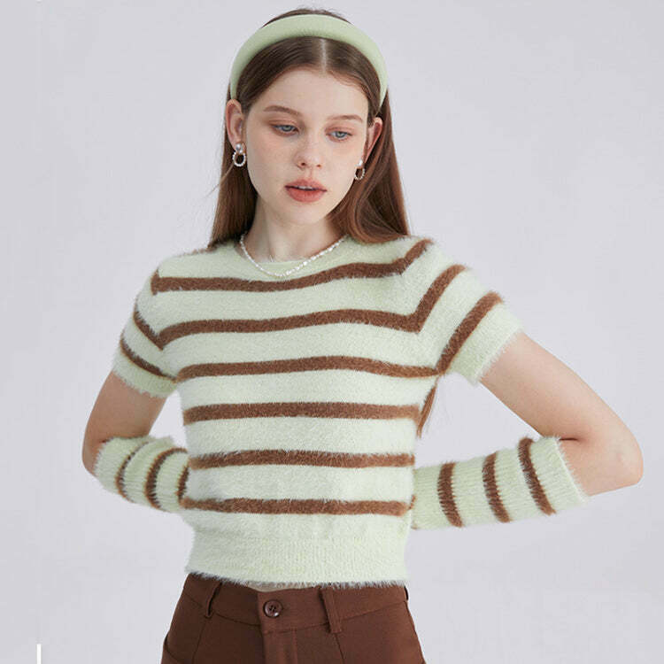 Fuzzy Striped Top and Gloves Set - Trendy Y2K Crop Top with Bow Tie Detail for Stylish Looks