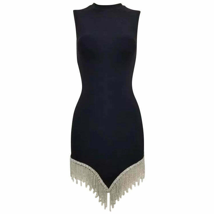 Glamorous Midnight Rhinestone Fringe Dress - Chic Bohemian Style for Y2K Fashion Lovers