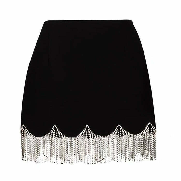 Glamorous Midnight Rhinestone Fringe Skirt with Drawstring - Trendy Y2K Fashion Essential