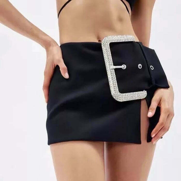 Glamorous Rhinestone Buckle Mini Skirt - Trendy Y2K Style with Drawstring Detail