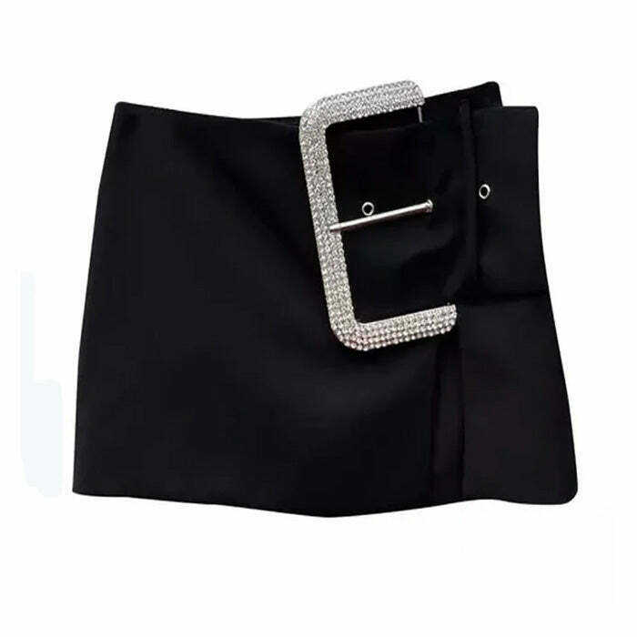 Glamorous Rhinestone Buckle Mini Skirt - Trendy Y2K Style with Drawstring Detail