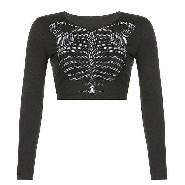 Glamorous Skeleton Rhinestone Long Sleeve Top with Bow Tie - Y2K Crop Sweater Style