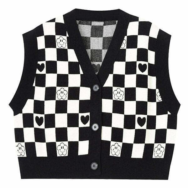 Gothic Checkerboard Cropped Vest in Cream - Cute & Stylish Zip-Up Sweater for Y2K Fashion