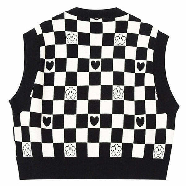 Gothic Checkerboard Cropped Vest in Cream - Cute & Stylish Zip-Up Sweater for Y2K Fashion