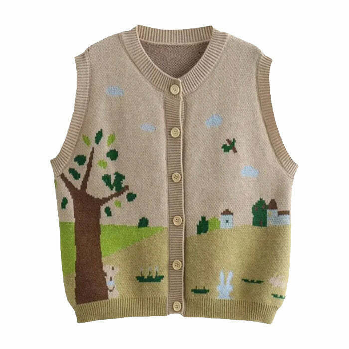 Gothic Grandma's House Button-Up Vest with Lighthouse Embroidery - Trendy Y2K Style