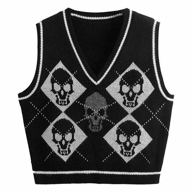 Gothic Skull Argyle Vest - Colorful Zip-Up Sweater Vest with Denim Hoodie for Y2K Style