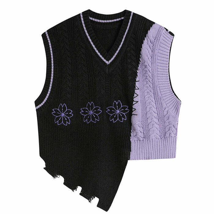 Gothic Teenage Drama Knit Vest - Vintage Star Knit Sweater with Zip-Up Design