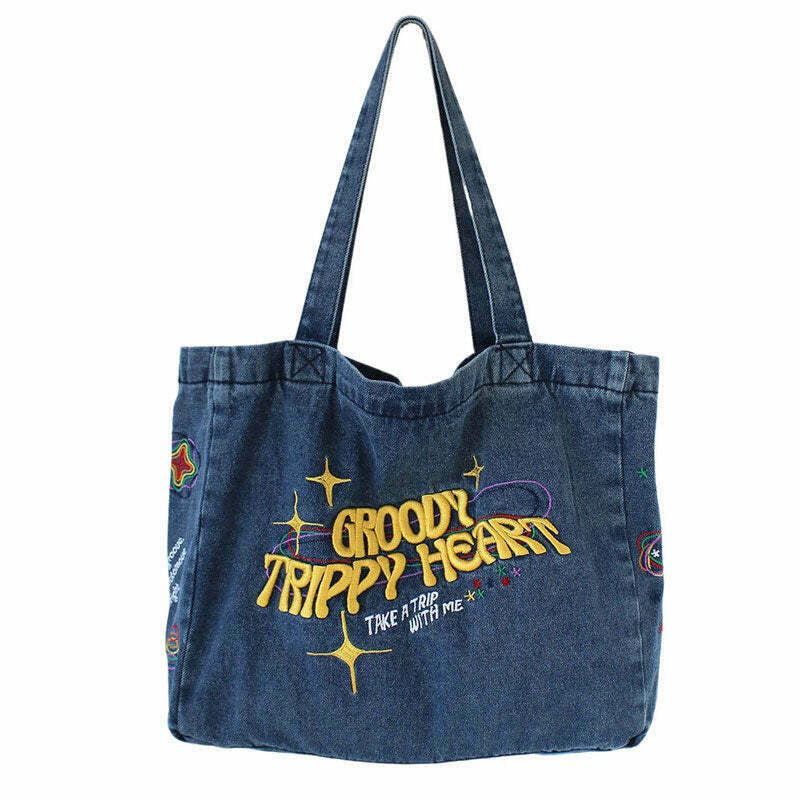 Groovy Trippy Heart Blue Denim Bag - Y2K Aesthetic Tote with Coquette Heart Design