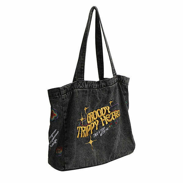 Groovy Trippy Heart Denim Bag - Stylish Coquette Heart Tote for Y2K Fashion Lovers