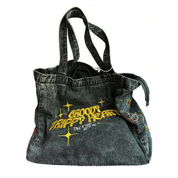 Groovy Trippy Heart Denim Bag - Stylish Coquette Heart Tote for Y2K Fashion Lovers