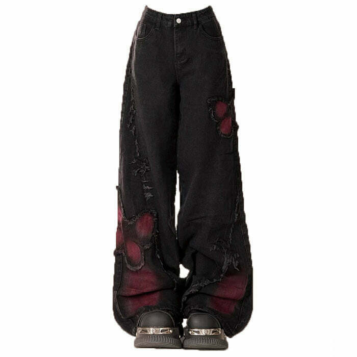 Grunge Aesthetic Black & Red Butterfly Jeans - Trendy Baggy Streetwear with Ripped Details