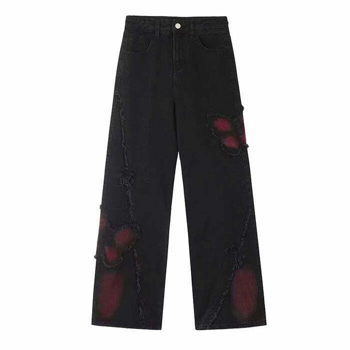 Grunge Aesthetic Black & Red Butterfly Jeans - Trendy Baggy Streetwear with Ripped Details