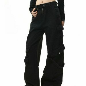 Hashtag Drama Black Cargo Jeans - Trendy Y2K Style with Functional Pockets and Comfort