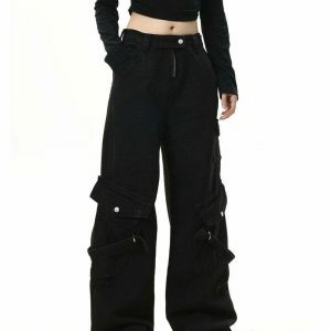 Hashtag Drama Black Cargo Jeans - Trendy Y2K Style with Functional Pockets and Comfort