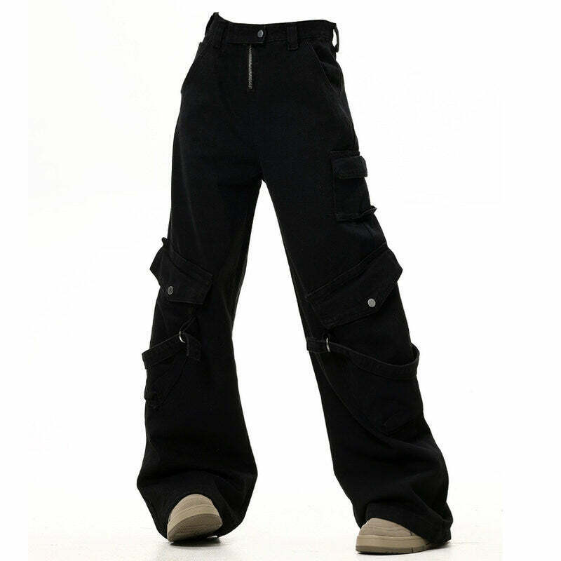 Hashtag Drama Black Cargo Jeans - Trendy Y2K Style with Functional Pockets and Comfort