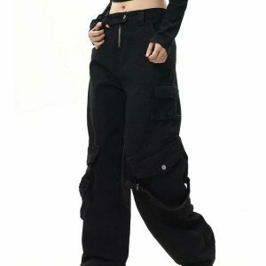 Hashtag Drama Black Cargo Jeans - Trendy Y2K Style with Functional Pockets and Comfort