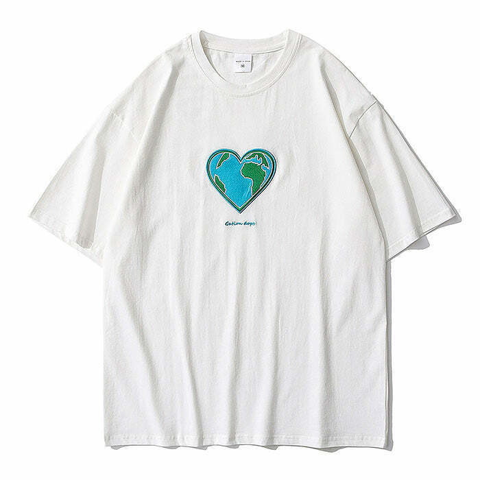 Heart Earth Vintage Embroidered Tee - Y2K Style Bow Tee for Trendy Fashion Lovers