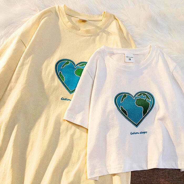 Heart Earth Vintage Embroidered Tee - Y2K Style Bow Tee for Trendy Fashion Lovers