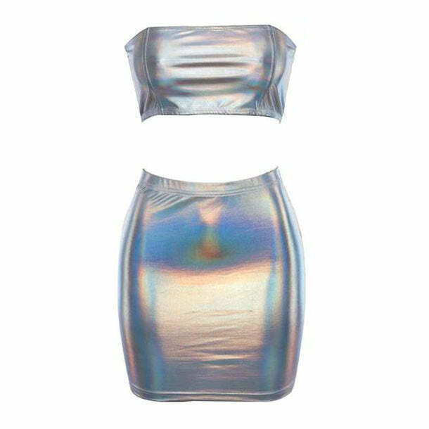 Holographic Top & Skirt Set - Trendy Y2K Fashion with Iridescent Shine and Chic Style