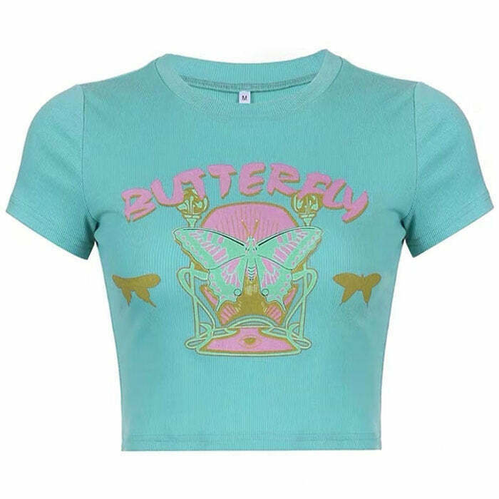 Indie Aesthetic Butterfly Crop Top with Bow Tie Detail - Y2K Fashion Denim Tube Style