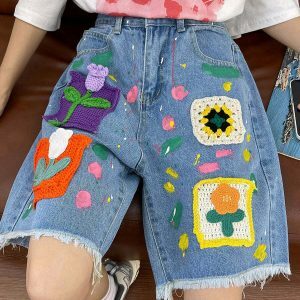 Indie Aesthetic Crochet Flower Denim Shorts - Trendy Rhinestone Fringe & Vintage Style