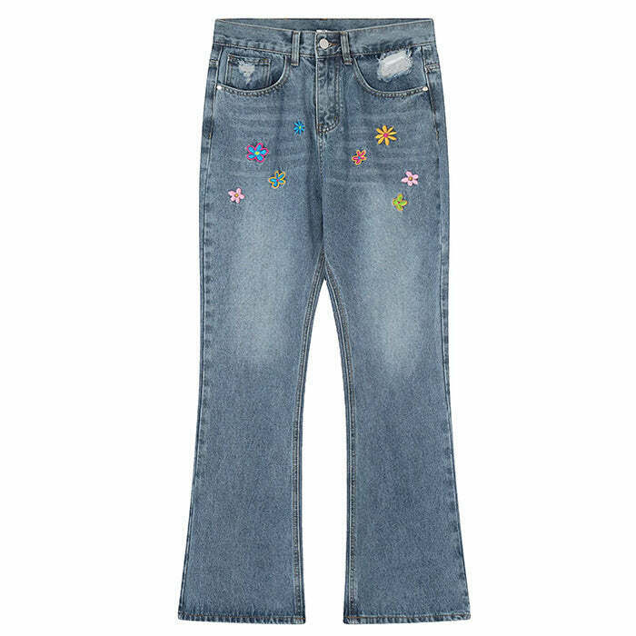 Indie Aesthetic Flower Embroidery Jeans with Butterfly Design for Trendy Y2K Style