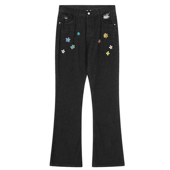 Indie Aesthetic Flower Embroidery Jeans with Butterfly Design for Trendy Y2K Style