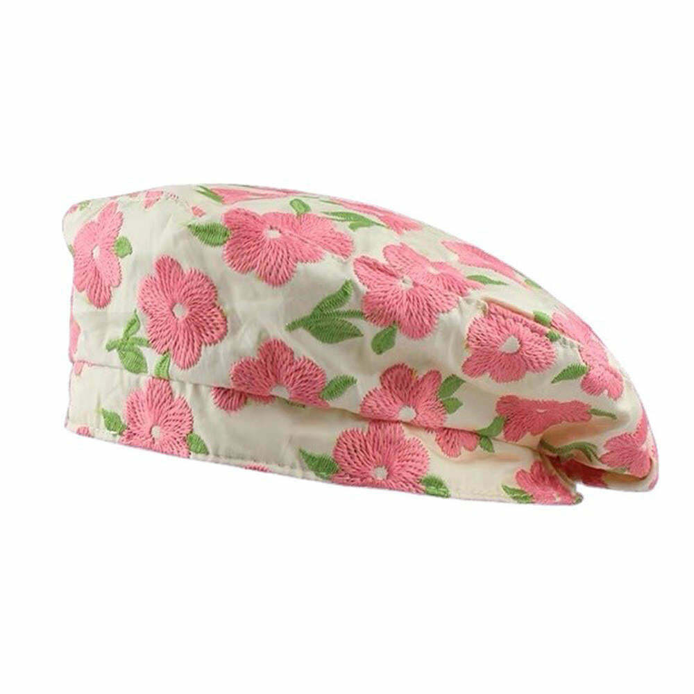 Indie Kid Floral Embroidery Beret Hat - Vintage Floral Print & Chic Houndstooth Style