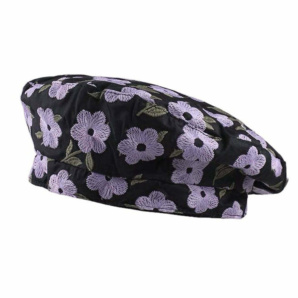 Indie Kid Floral Embroidery Beret Hat - Vintage Floral Print & Chic Houndstooth Style