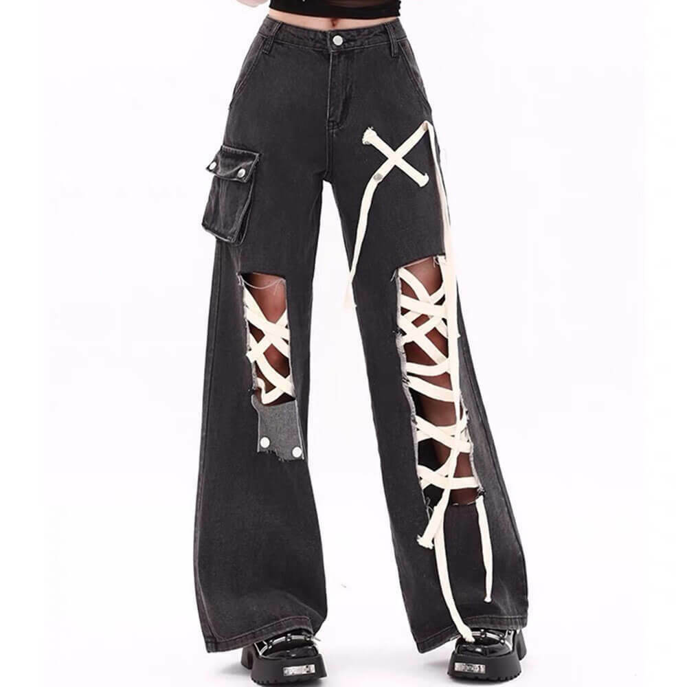 Lace Detail Wide-Leg Jeans with Star Patch and Ripped Accents for Trendy Y2K Style