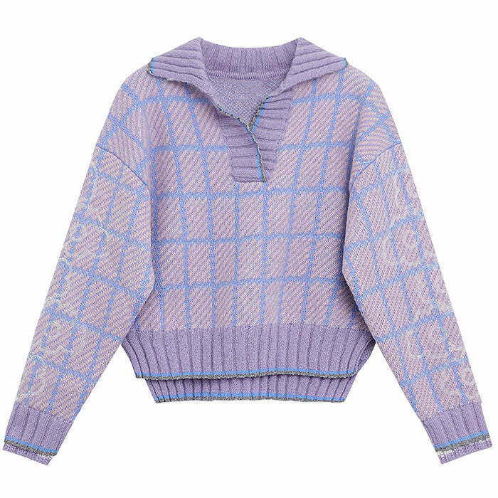 Lavender Plaid Cropped Sweater - Y2K Aesthetic with Unique Embroidery and Cozy Style