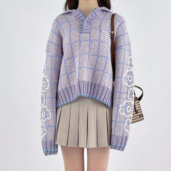 Lavender Plaid Cropped Sweater - Y2K Aesthetic with Unique Embroidery and Cozy Style