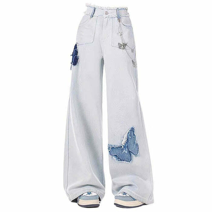 Light Blue Butterfly Aesthetic Jeans - Trendy Vintage Style with Unique Butterfly Design