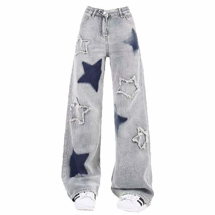 Light Blue Star Jeans for Trendy Y2K Style - Baggy Star Pants with Buckles and Aesthetic Appeal