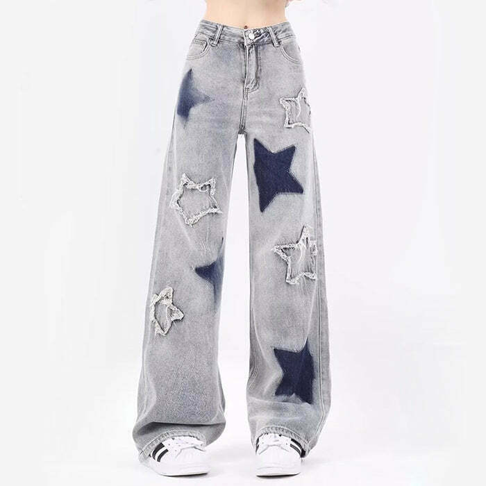 Light Blue Star Jeans for Trendy Y2K Style - Baggy Star Pants with Buckles and Aesthetic Appeal