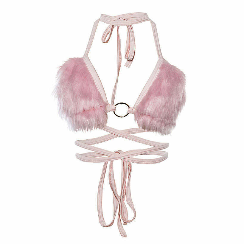 Light Pink Fuzzy Bra Top with Bow Tie Detail - Trendy Y2K Crop Top for Stylish Streetwear